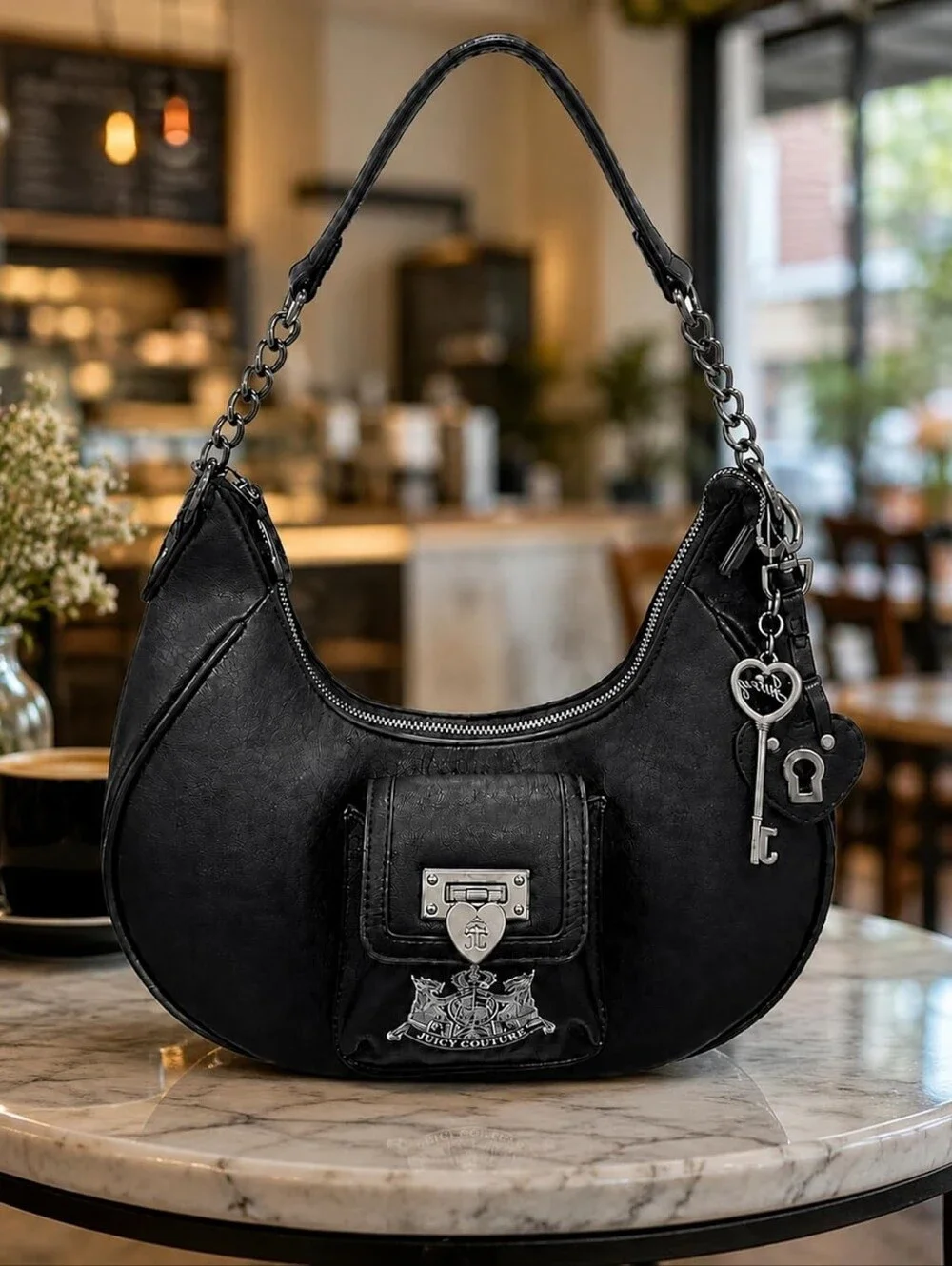 Juicy Couture Black Crescent Hobo Bag with Charm Detail